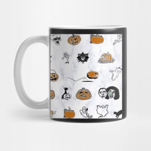 Halloween Pattern on White Background: Ghosts, Witches Hats, Bats, Witch Broom Cute Fall Design Autumn Mug